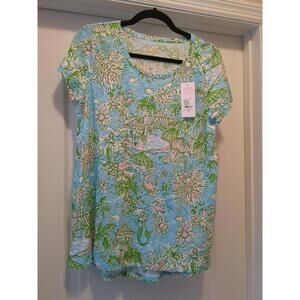 LILLY PULITZER SHIRT MEDIUM ETTA SCOOP NECK FRESH WATER BLUE SUNBATHER BLISS NEW